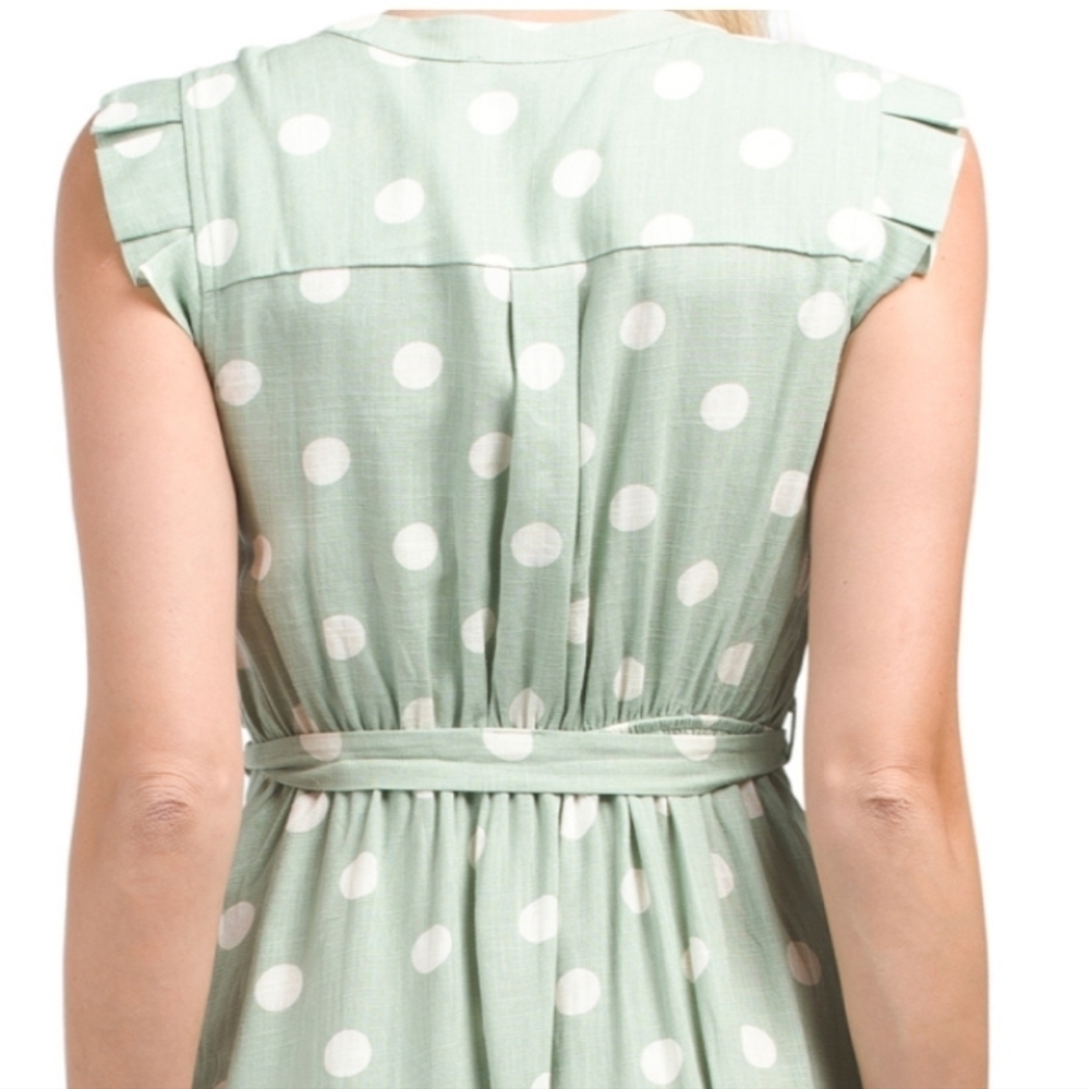 MONTEAU Tie waist Button Polka Dot Green Midi Dress - Picture 4 of 5